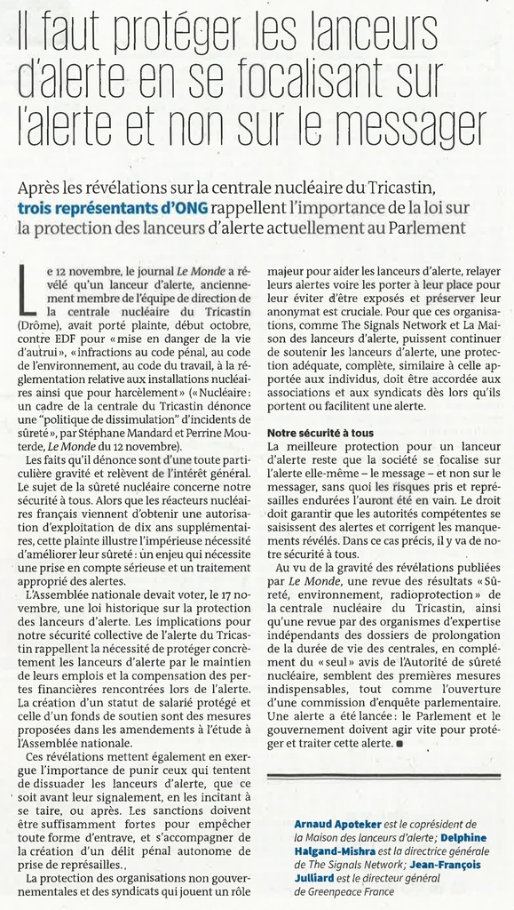 Il faut protéger les lanceurs d'alerte Le Monde 18-11-2021